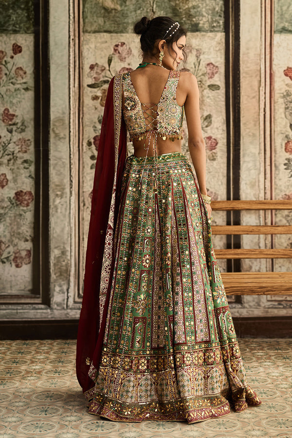 Sage-Maroon Print And Highlighted Lehenga Set - Ready to Ship