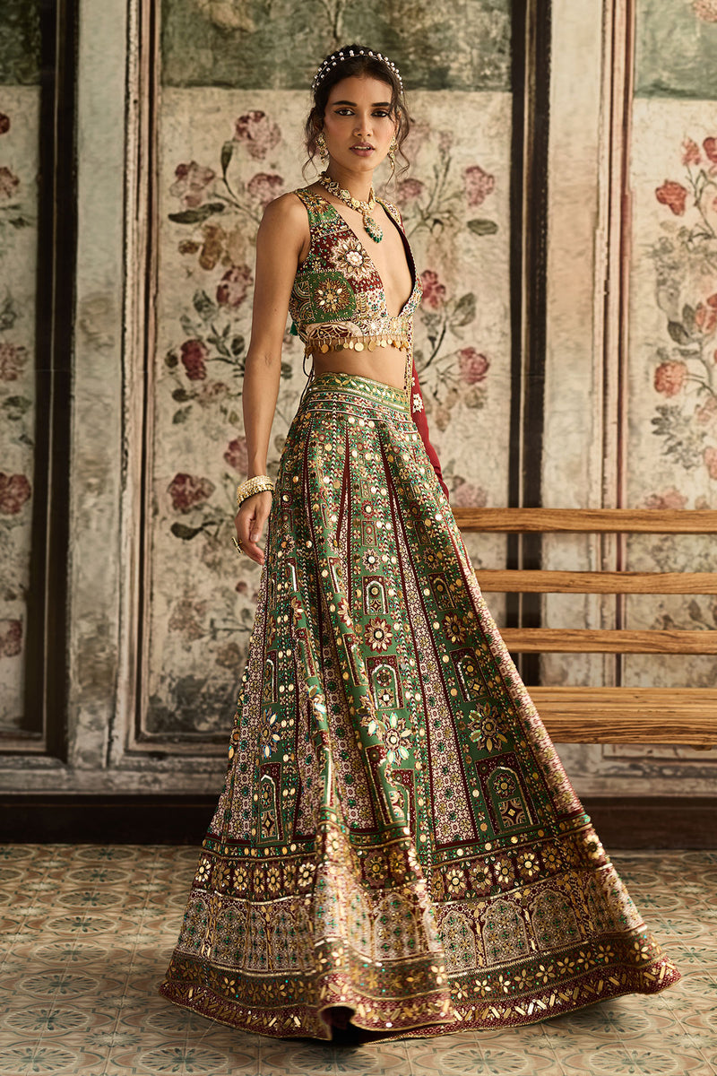 Sage-Maroon Print And Highlighted Lehenga Set - Ready to Ship