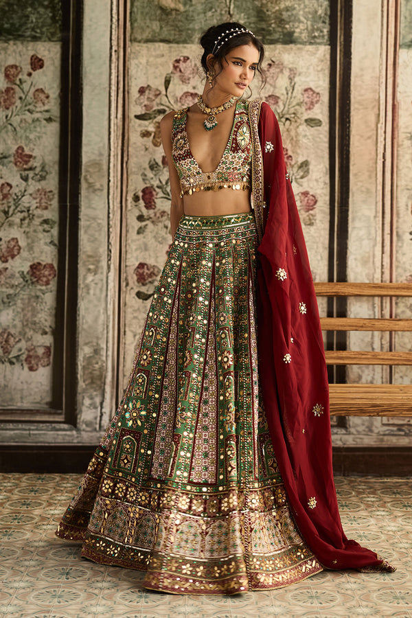 Sage-Maroon Print And Highlighted Lehenga Set - Ready to Ship