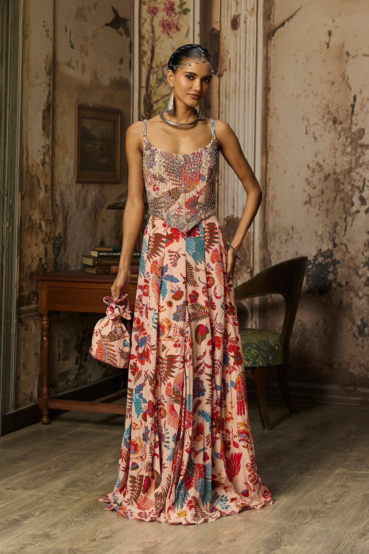 Blush Pink Printed And Highlighted Corset Gown