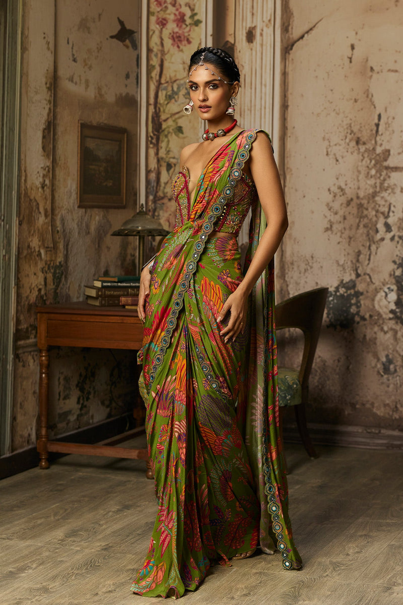 Pear Green Printed And Highlighted Dhoti Skirt Saree Set - Ready to Ship