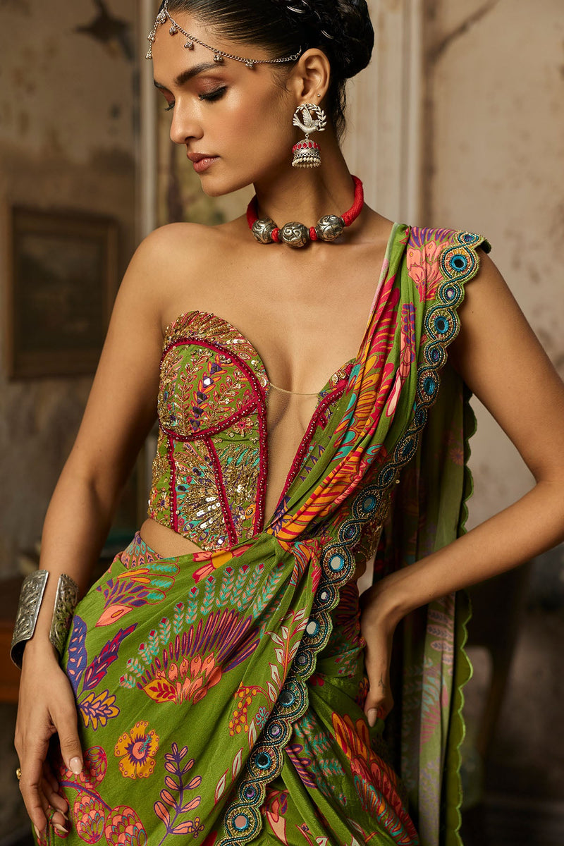 Pear Green Printed And Highlighted Dhoti Skirt Saree Set - Ready to Ship
