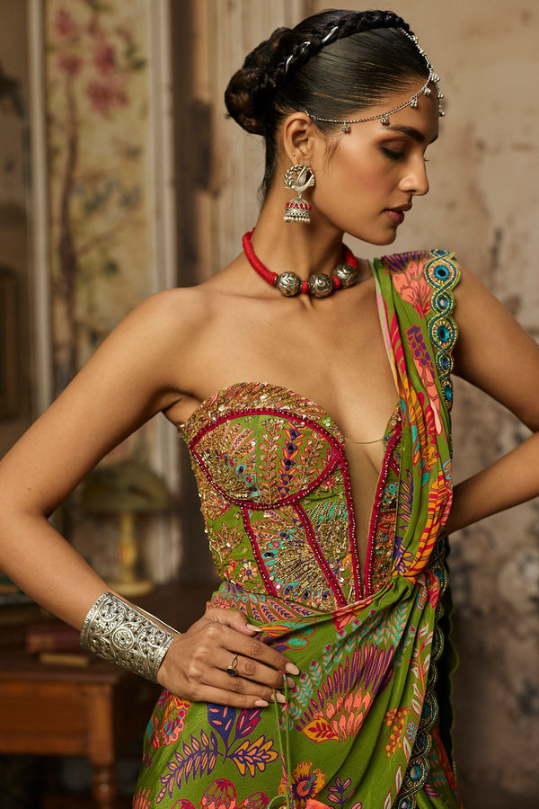 Pear Green Printed And Highlighted Dhoti Skirt Saree Set - Ready to Ship
