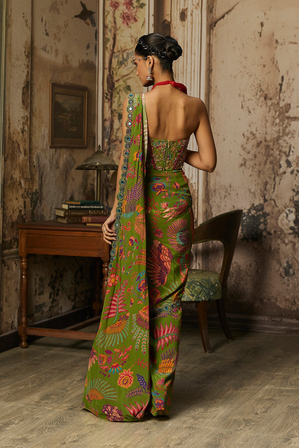 Pear Green Printed And Highlighted Dhoti Skirt Saree Set - Ready to Ship