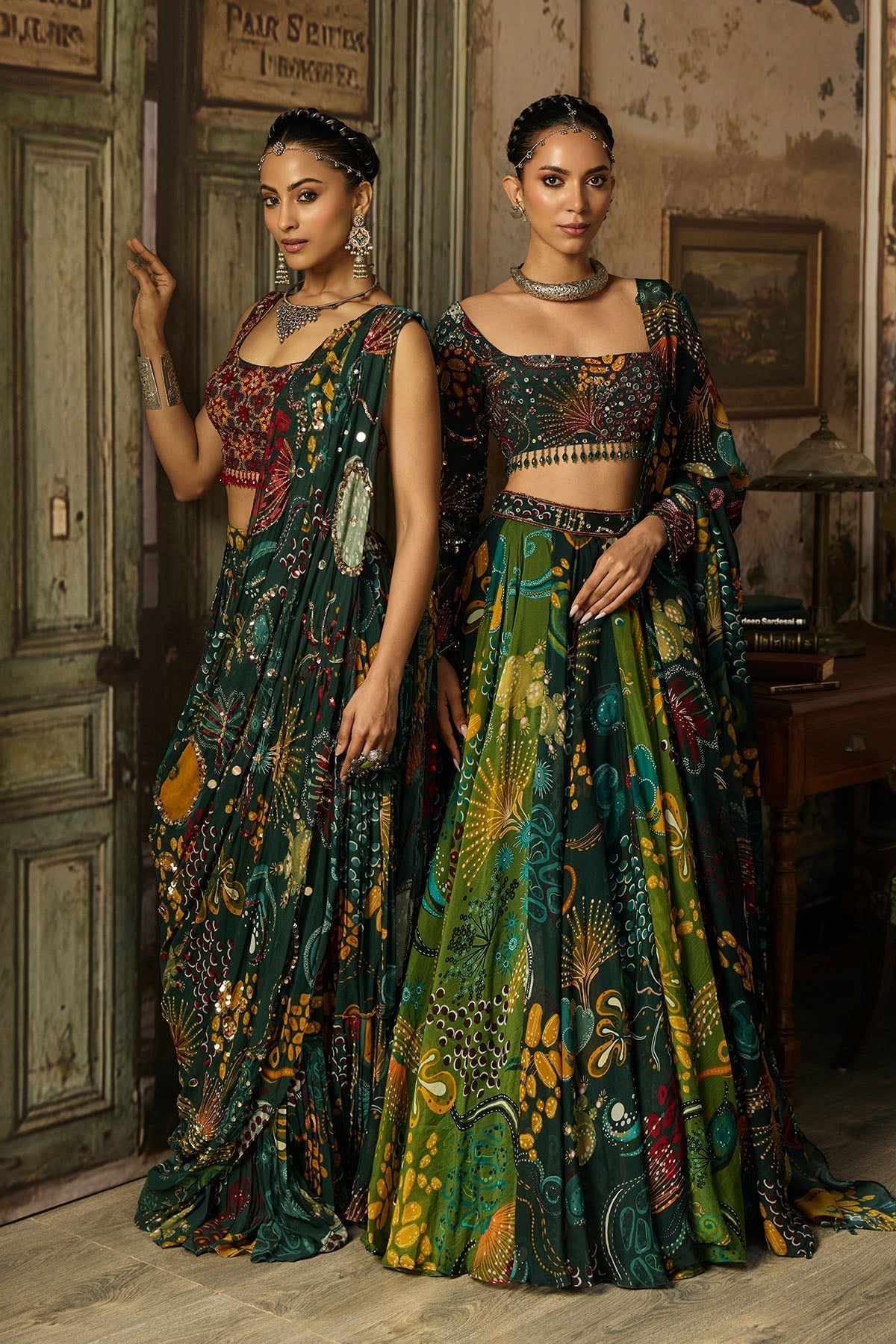 Dark Green Printed And Highlighted Tiered Skirt Saree Set