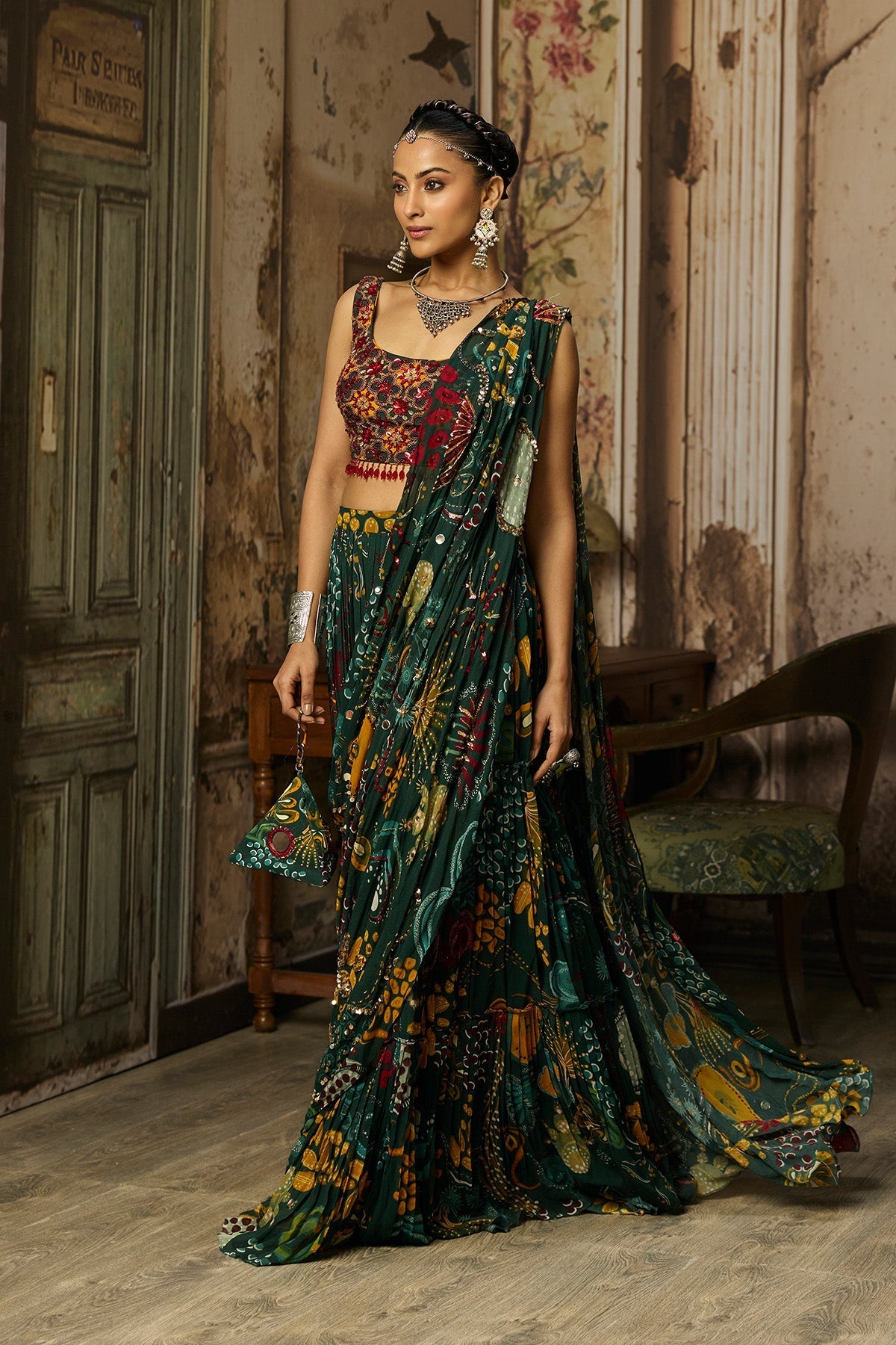 Dark Green Printed And Highlighted Tiered Skirt Saree Set