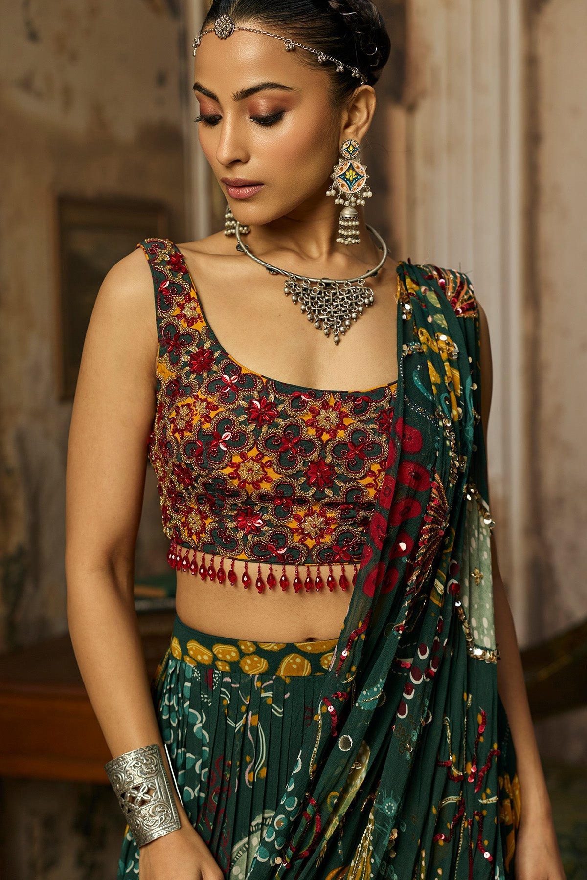 Dark Green Printed And Highlighted Tiered Skirt Saree Set