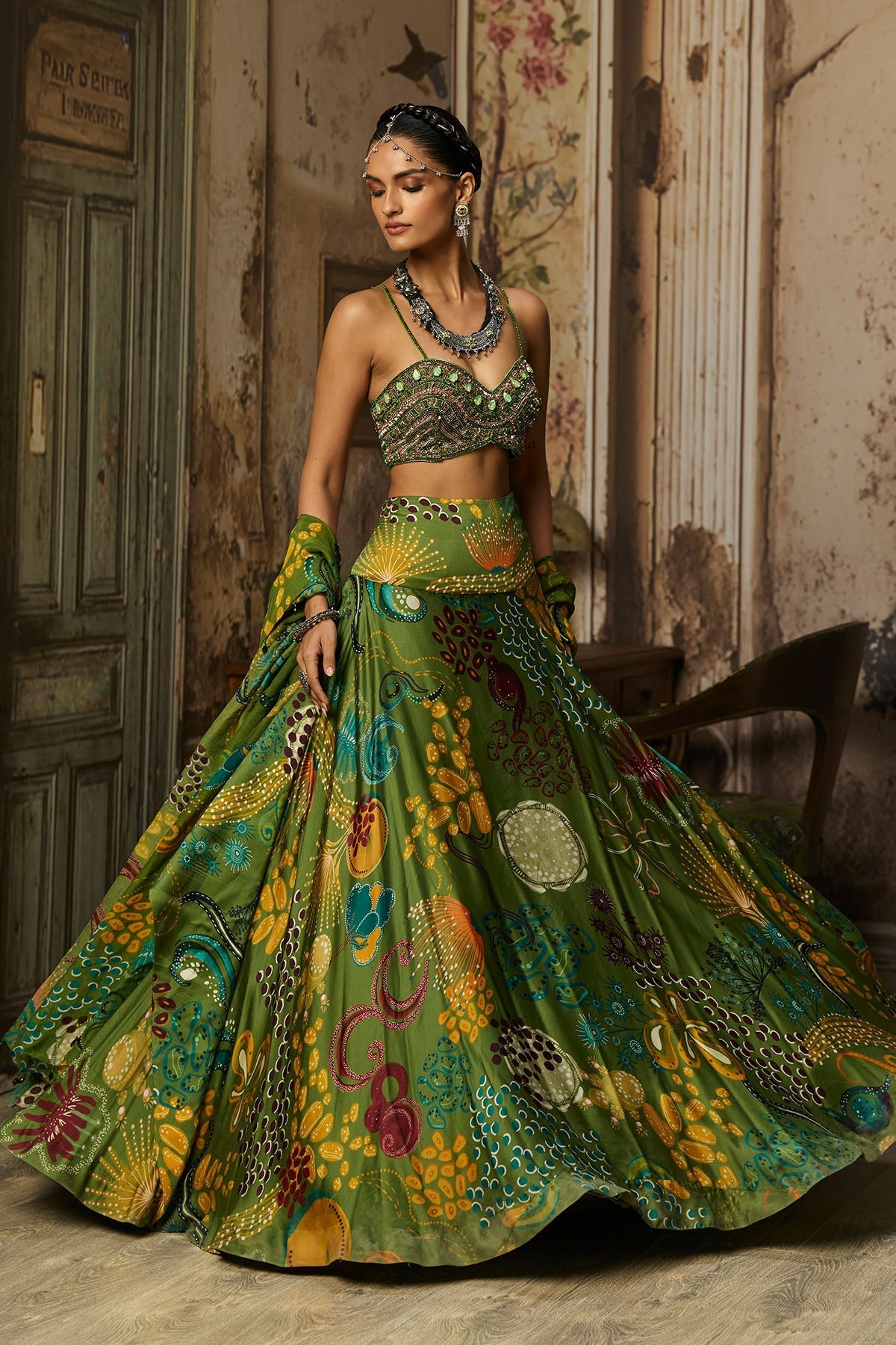 Pear Green Embroidered Blouse And Cowl Skirt Set