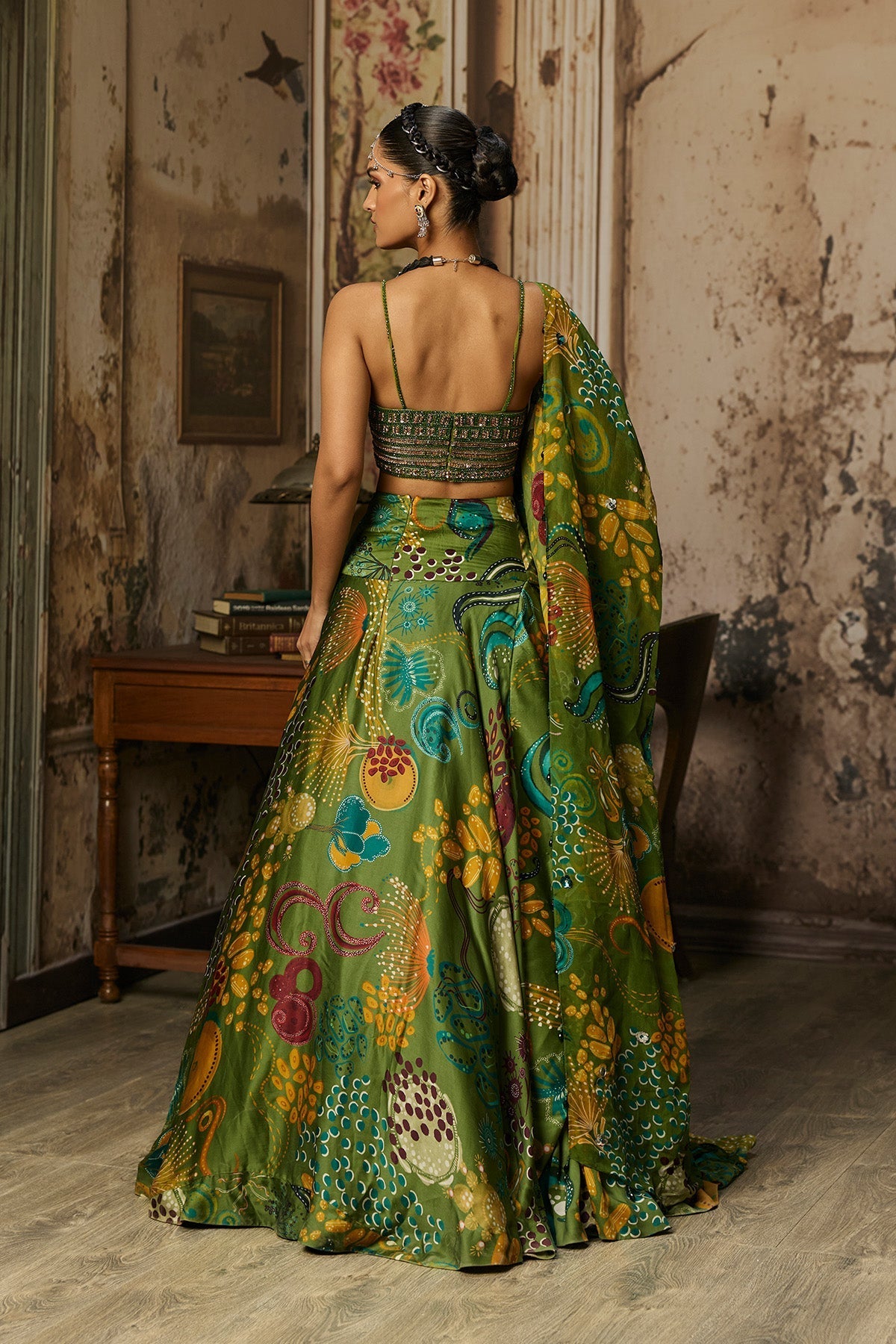 Pear Green Embroidered Blouse And Cowl Skirt Set