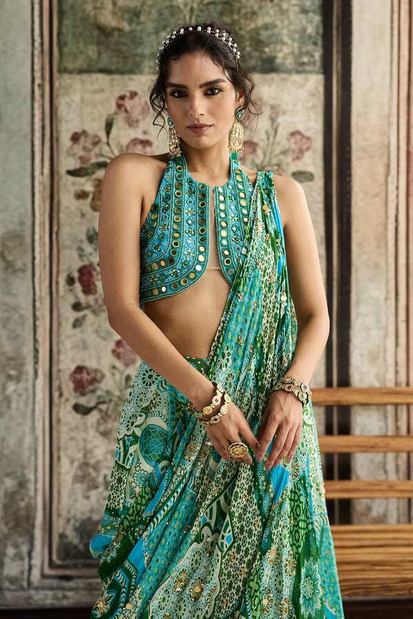 Aqua Embroidered Blouse And Aqua Print And Highlighted Drape Box Pleat Pant Saree - Ready to Ship