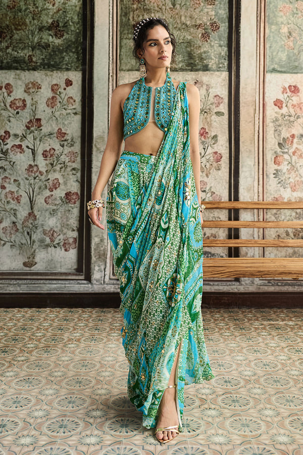 Aqua Embroidered Blouse And Aqua Print And Highlighted Drape Box Pleat Pant Saree - Ready to Ship