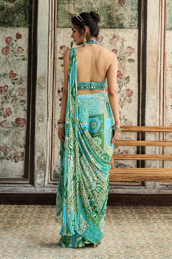 Aqua Embroidered Blouse And Aqua Print And Highlighted Drape Box Pleat Pant Saree - Ready to Ship