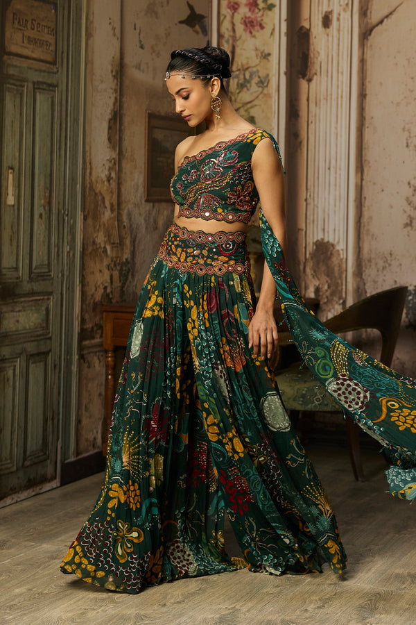 Dark Green Print And Highlighted Pleated Pants Set - Ready to Ship