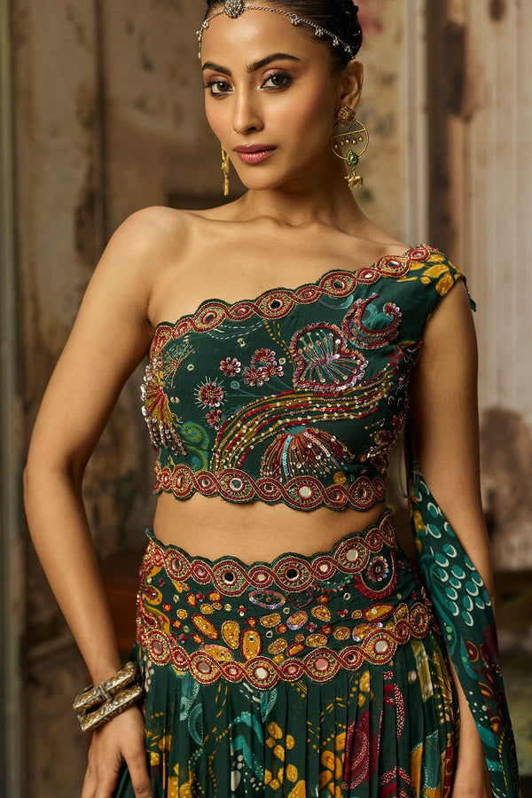 Dark Green Print And Highlighted Pleated Pants Set - Ready to Ship