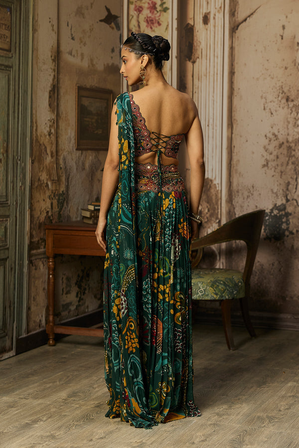 Dark Green Print And Highlighted Pleated Pants Set - Ready to Ship
