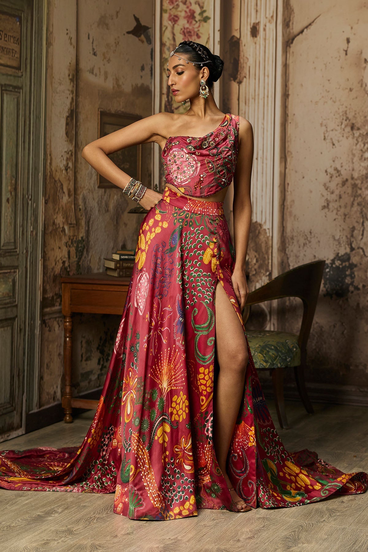 Deep Red Printed And Highlighted Slit Skirt Set