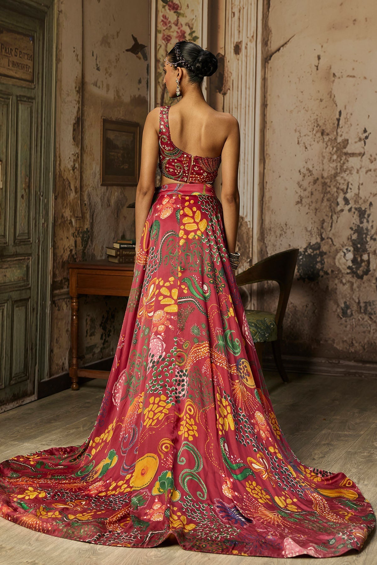 Deep Red Printed And Highlighted Slit Skirt Set