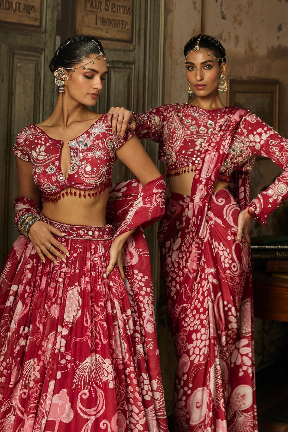 Scarlet Red Printed And Highlighted Dhoti Skirt Saree Set