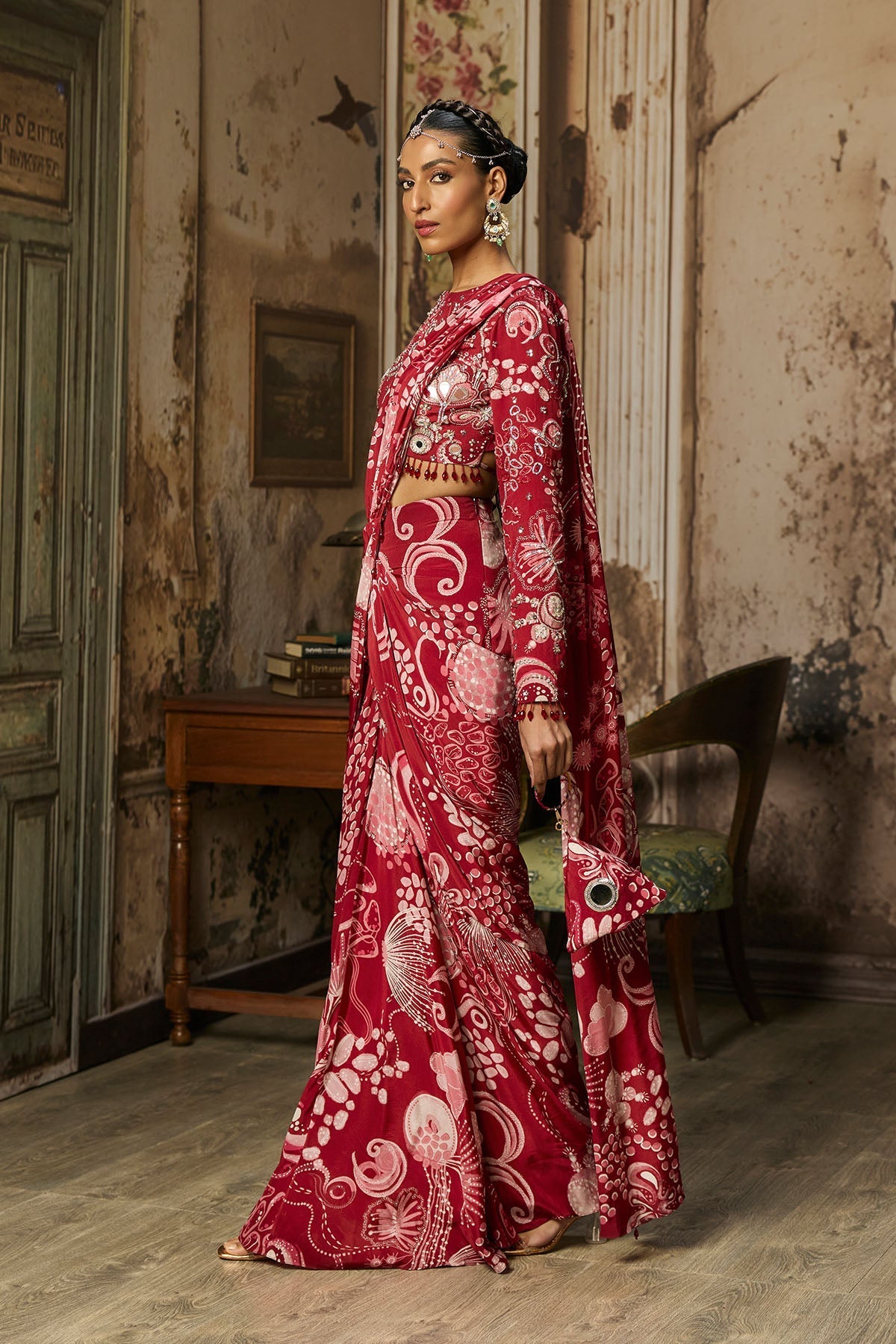 Scarlet Red Printed And Highlighted Dhoti Skirt Saree Set