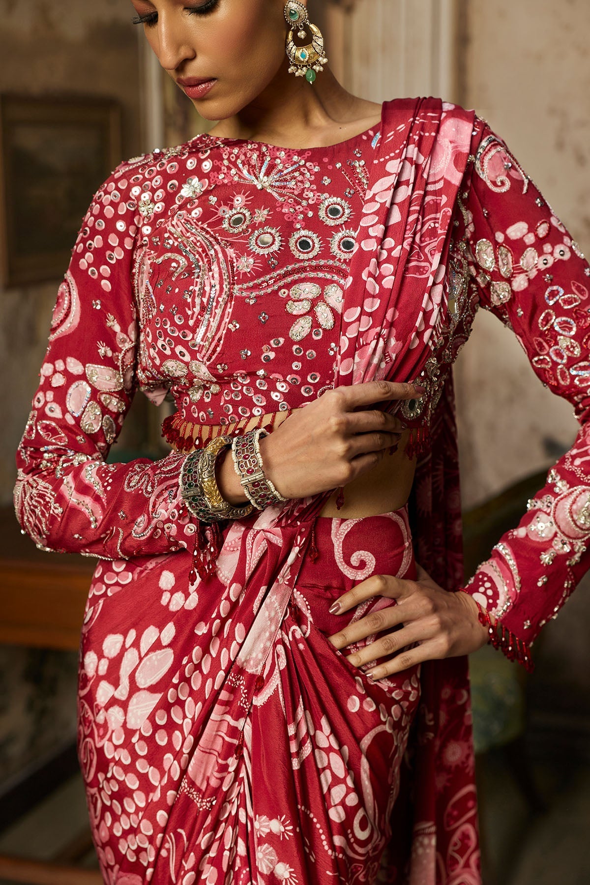 Scarlet Red Printed And Highlighted Dhoti Skirt Saree Set