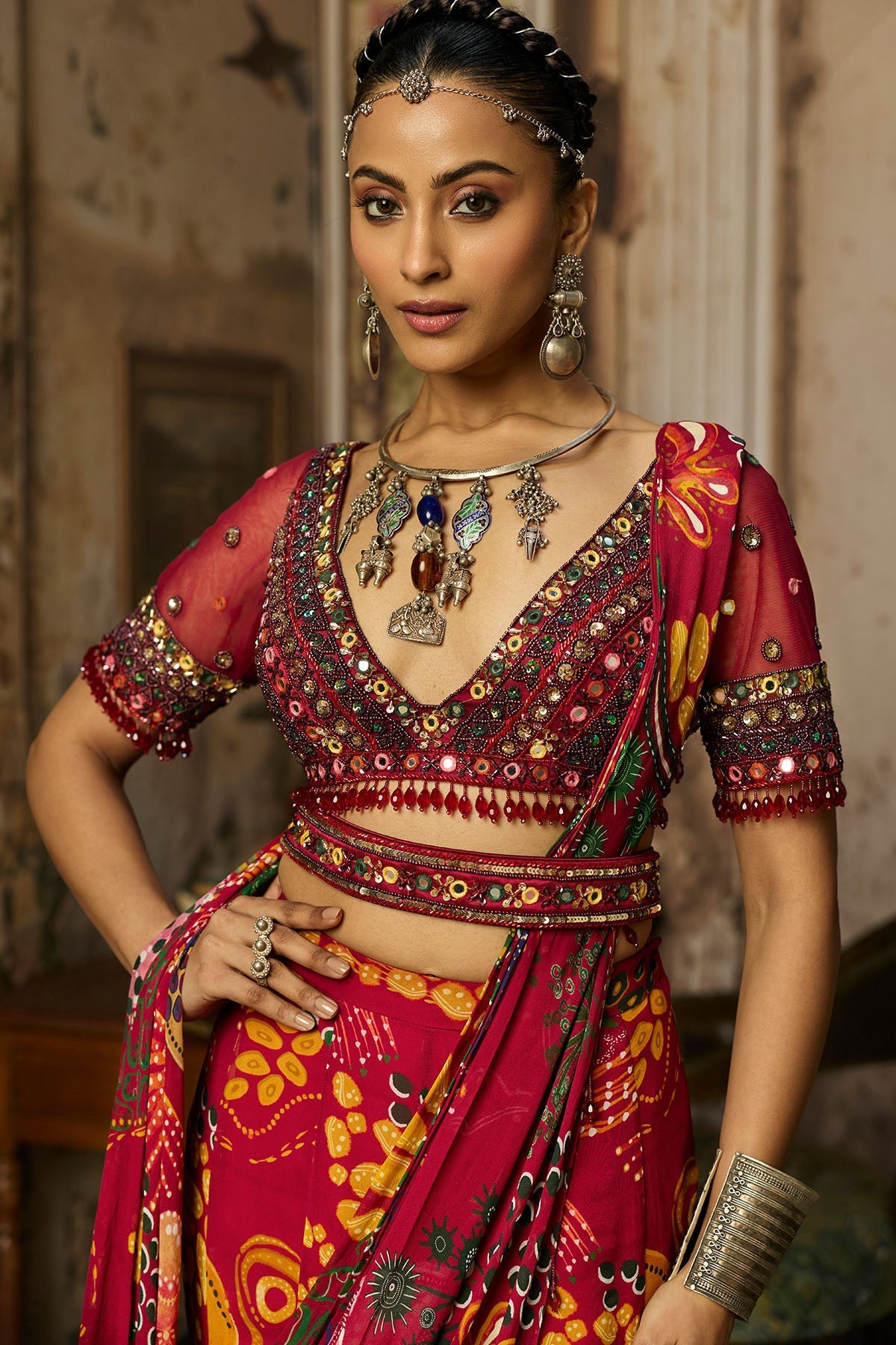 Deep Red Embroidered Blouse With Mermaid Skirt Saree Set
