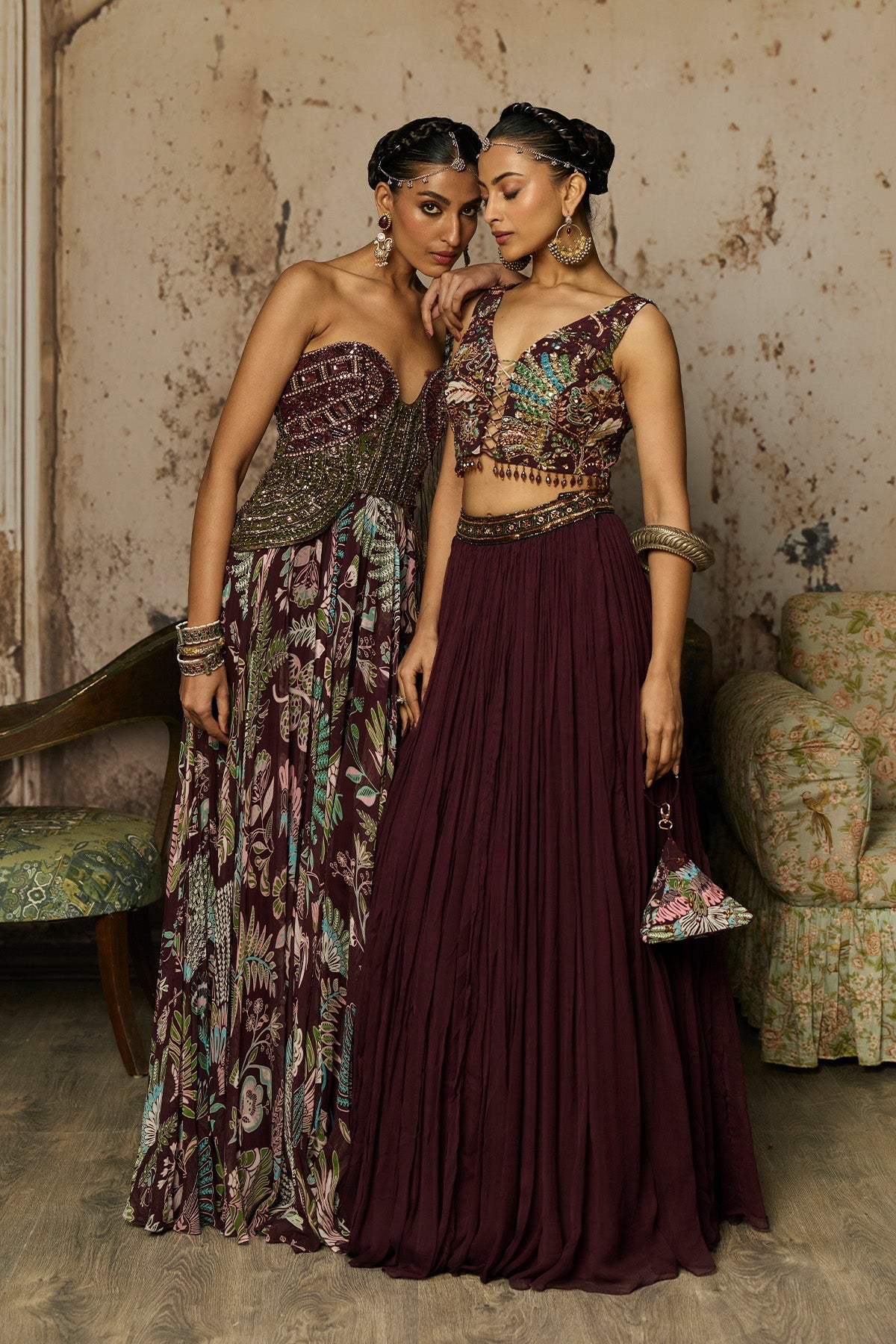 Plum Print And Highighted Blouse With Skirt Set