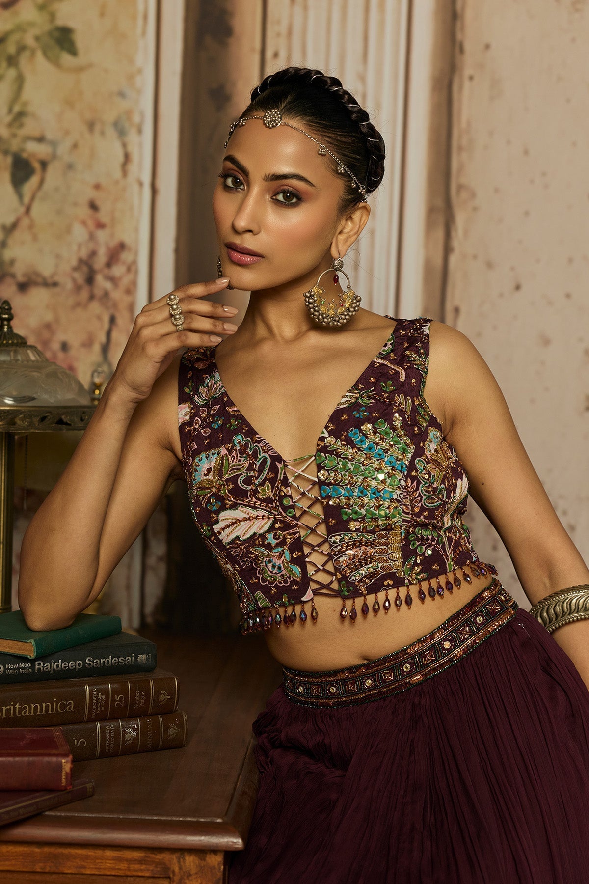 Plum Print And Highighted Blouse With Skirt Set
