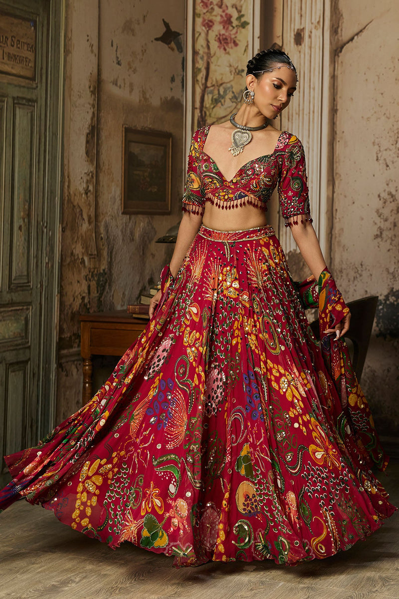 Deep Red Printed And Highlighted Lehenga Set - Ready to Ship