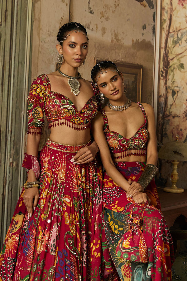 Deep Red Printed And Highlighted Lehenga Set - Ready to Ship