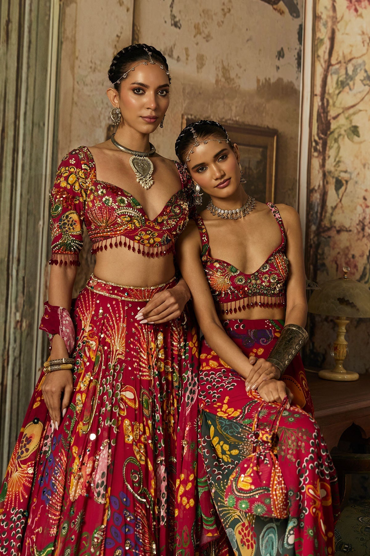 Deep Red Printed And Highlighted Skirt Set