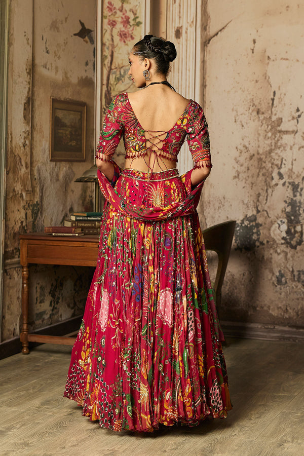 Deep Red Printed And Highlighted Lehenga Set - Ready to Ship