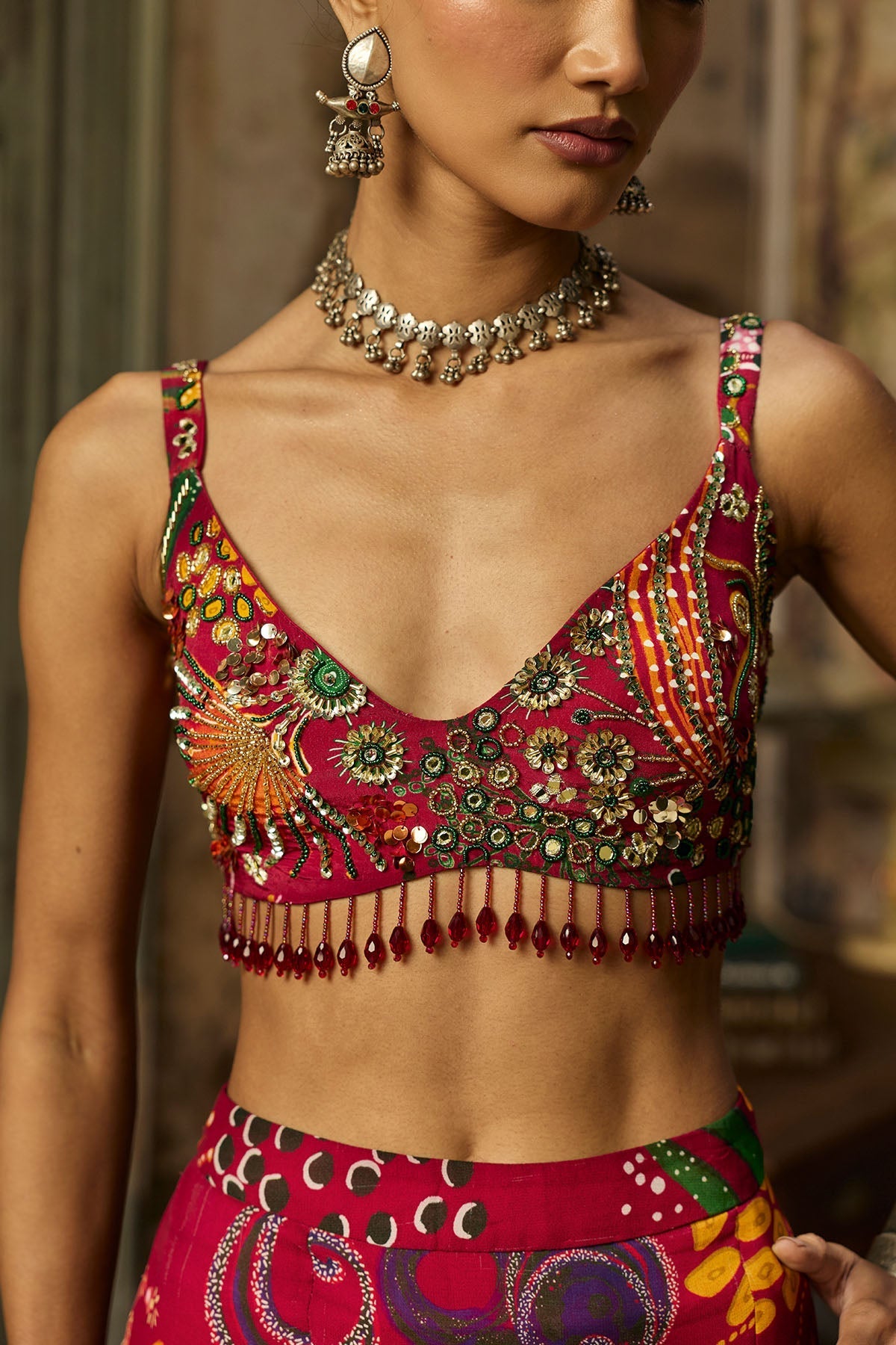 Deep Red Printed And Highlighted Skirt Set