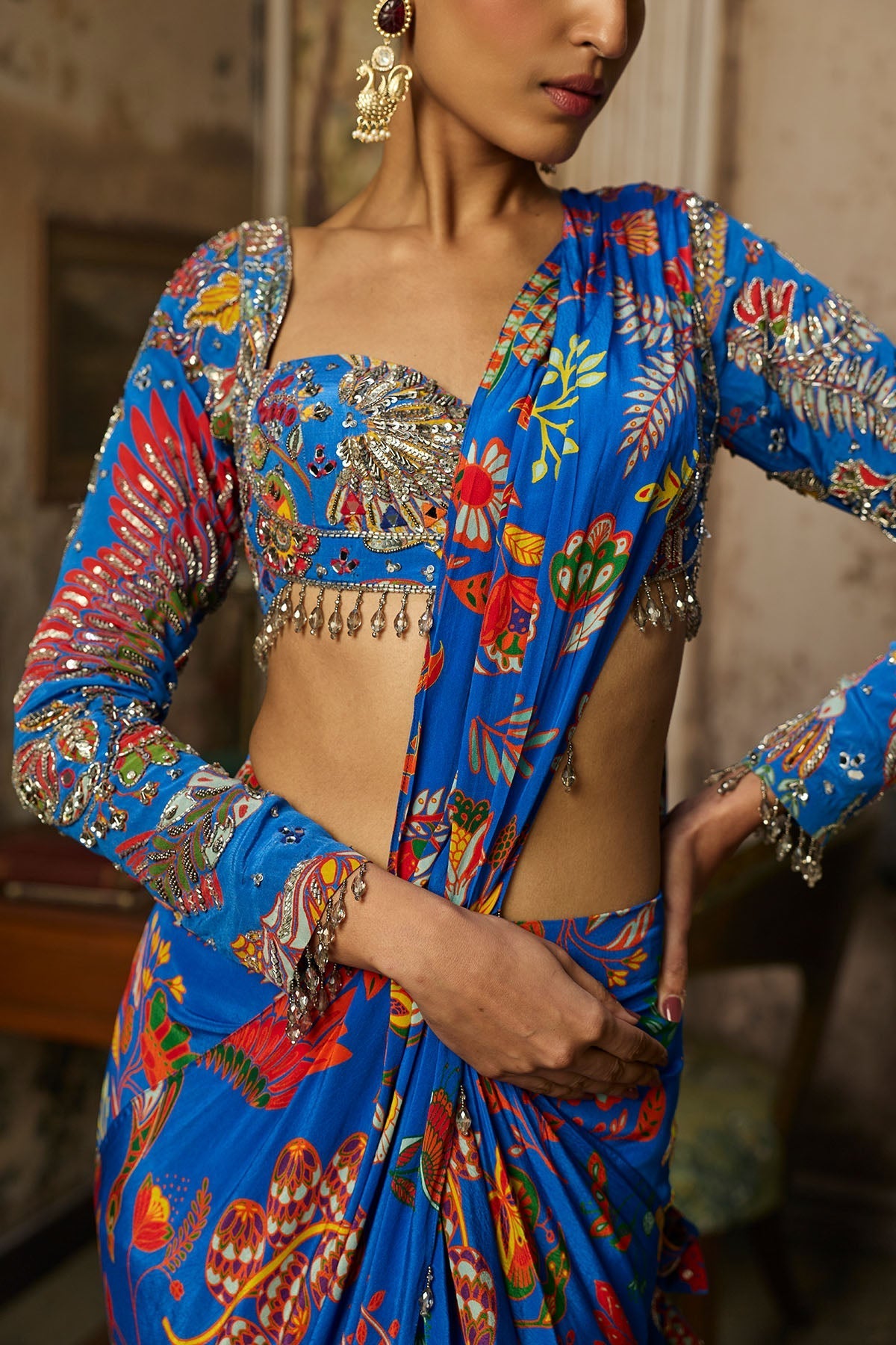 Electric Blue Printed And Highlighted Dhoti Saree