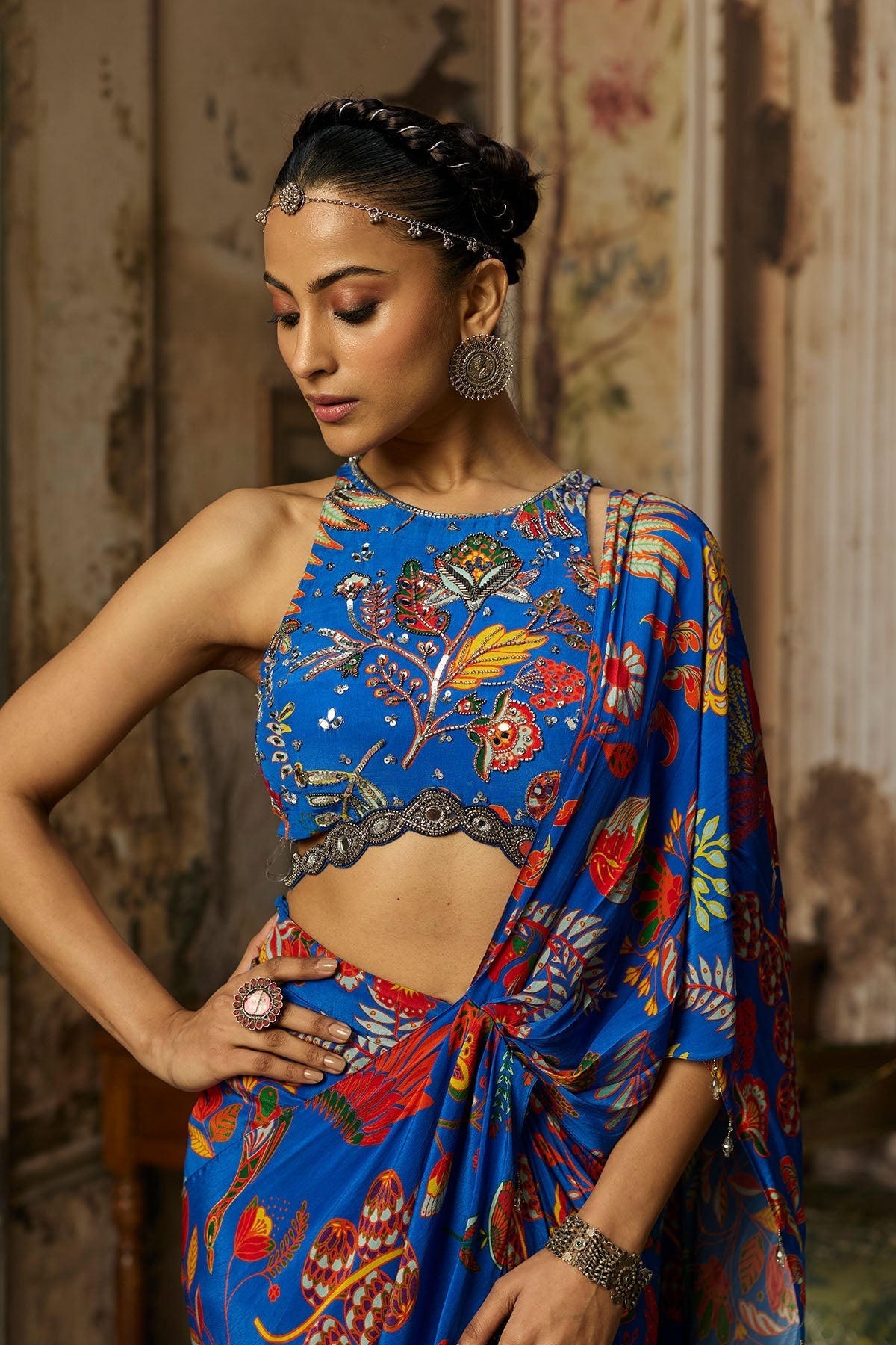 Electric Blue Printed And Highlighted Dhoti Skirt Saree Set