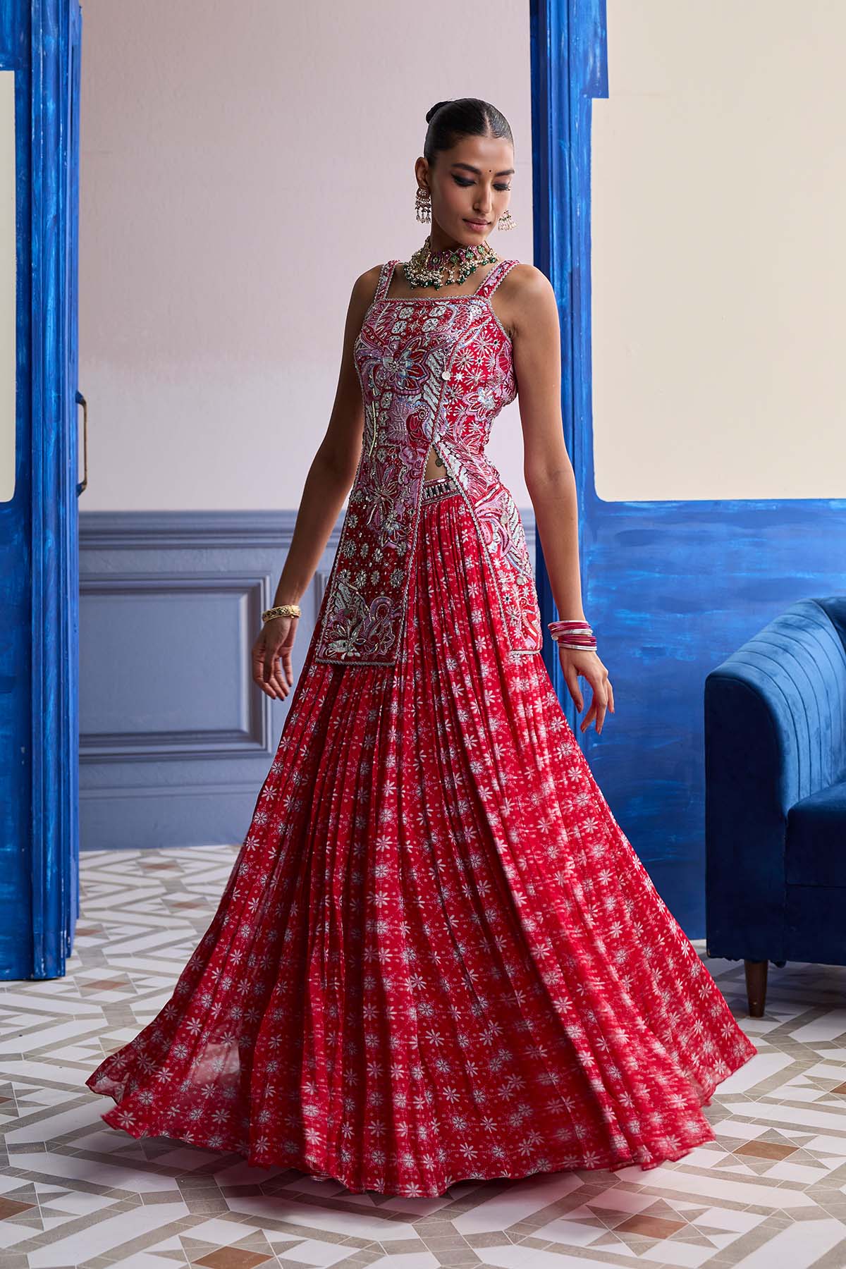 Red Floral Slit Kurti With Lehenga Set