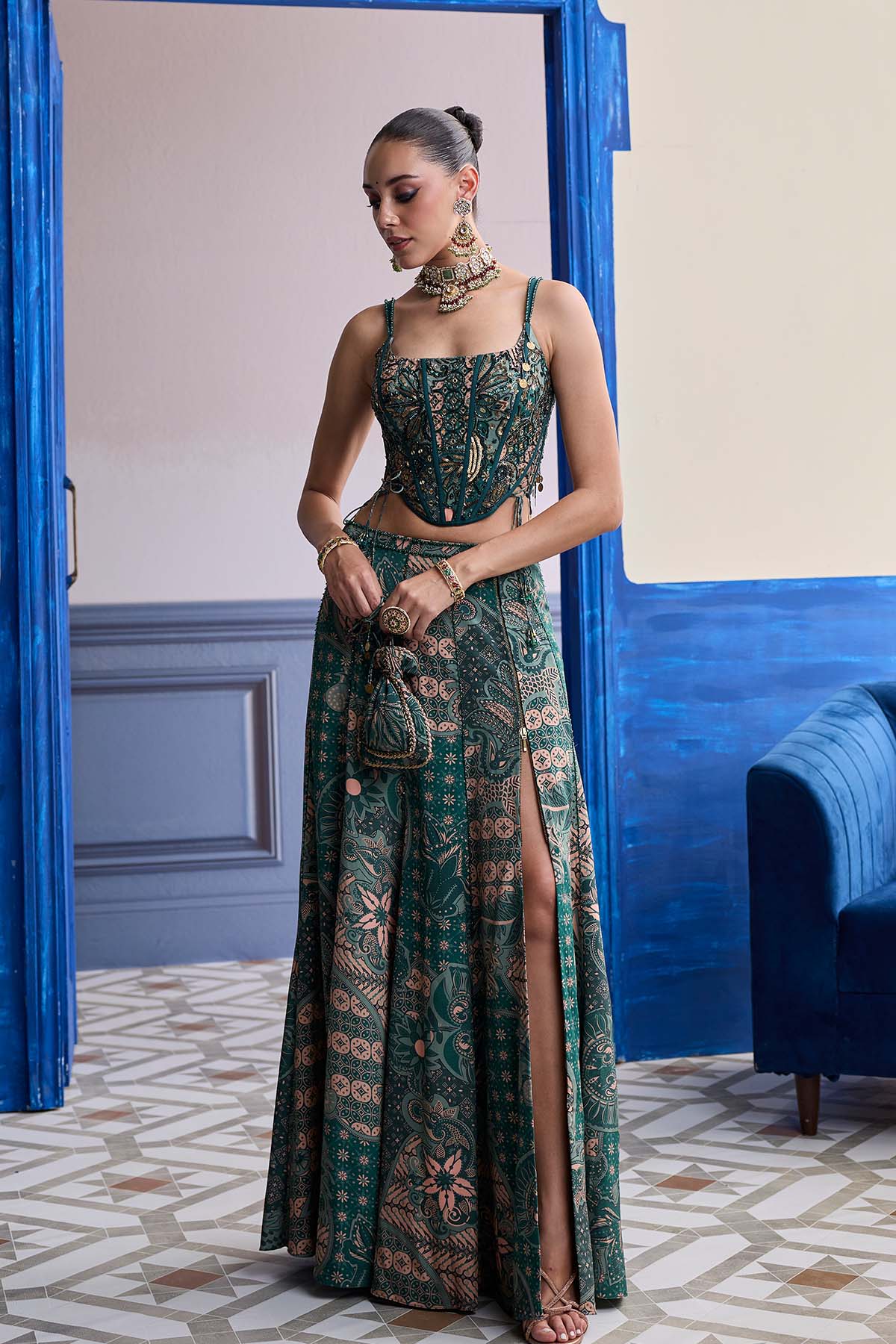 Teal Floral Corset With Tie-up Detail & Panelled Slit Skirt Set