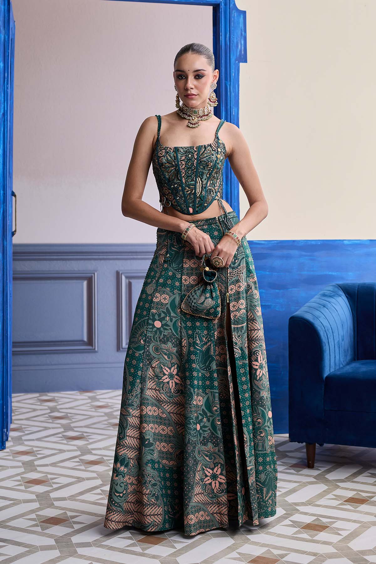 Teal Floral Corset With Tie-up Detail & Panelled Slit Skirt Set