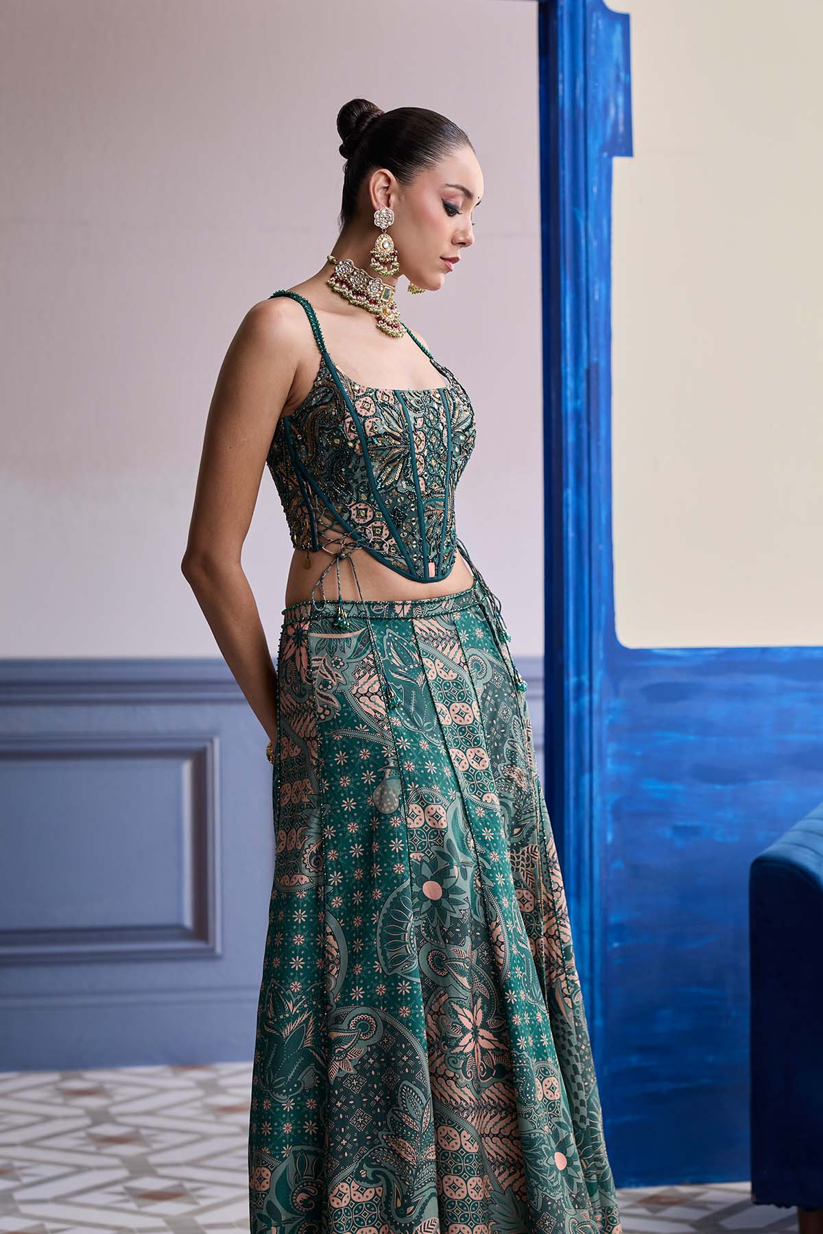 Teal Floral Corset With Tie-up Detail & Panelled Slit Skirt Set
