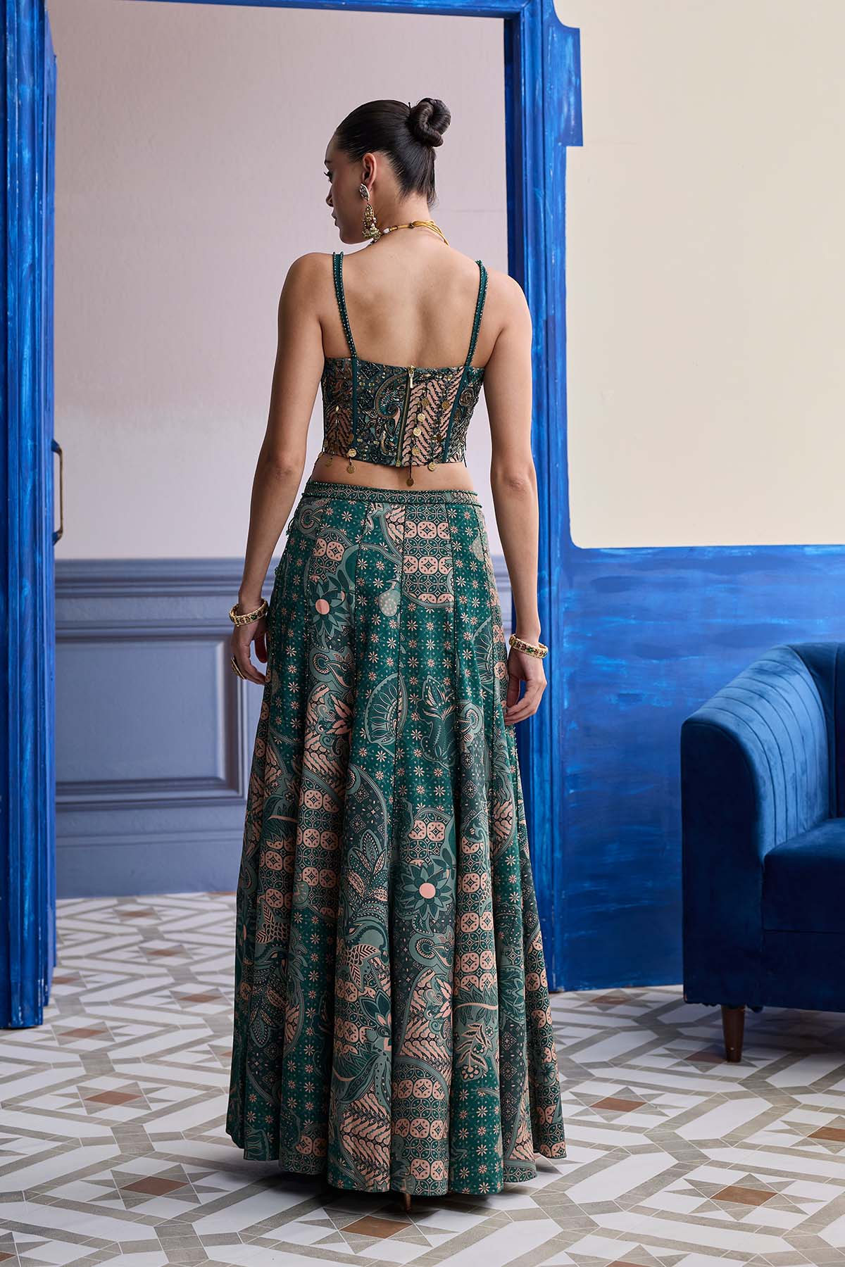 Teal Floral Corset With Tie-up Detail & Panelled Slit Skirt Set