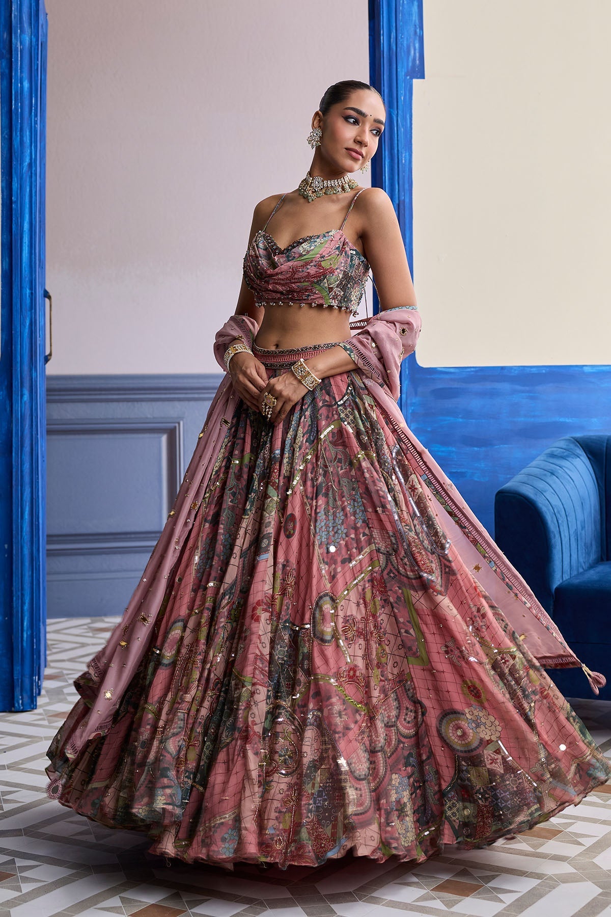 Dusk Pink Highlighted Blouse With Lehenga & Embroidered Dupatta Set