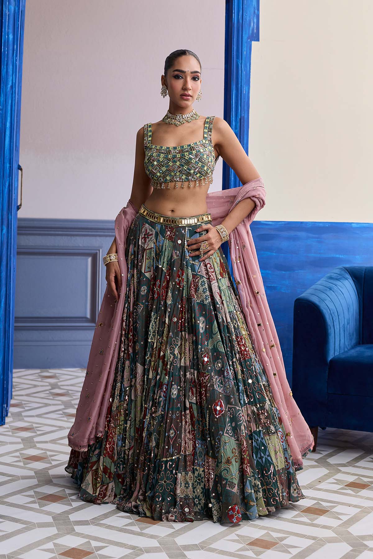 Green Mirror Embroidered Blouse With Forest Green Lehenga & Embroidered Dupatta Set