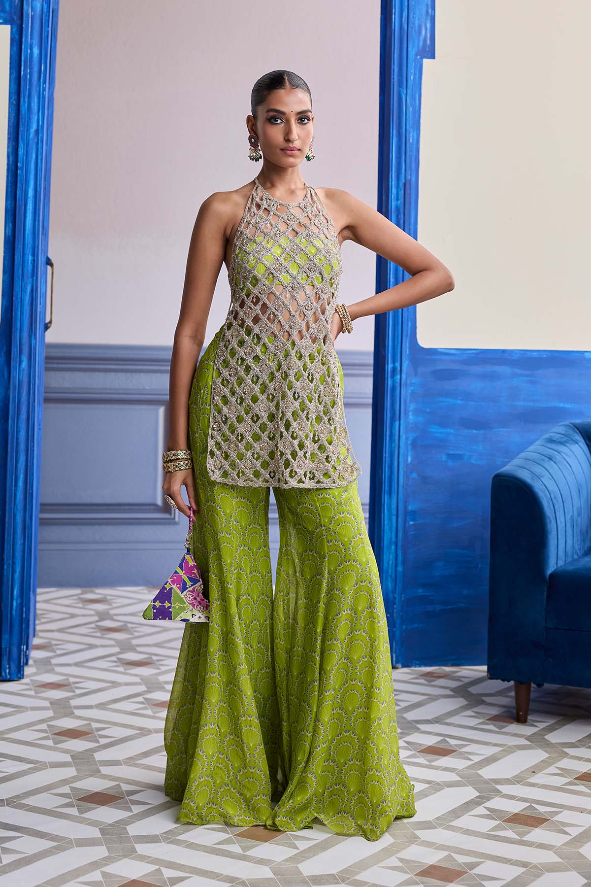 Neon Green Printed Bustier With Bell-bottoms & Embroidered Cutwork Kurti Set