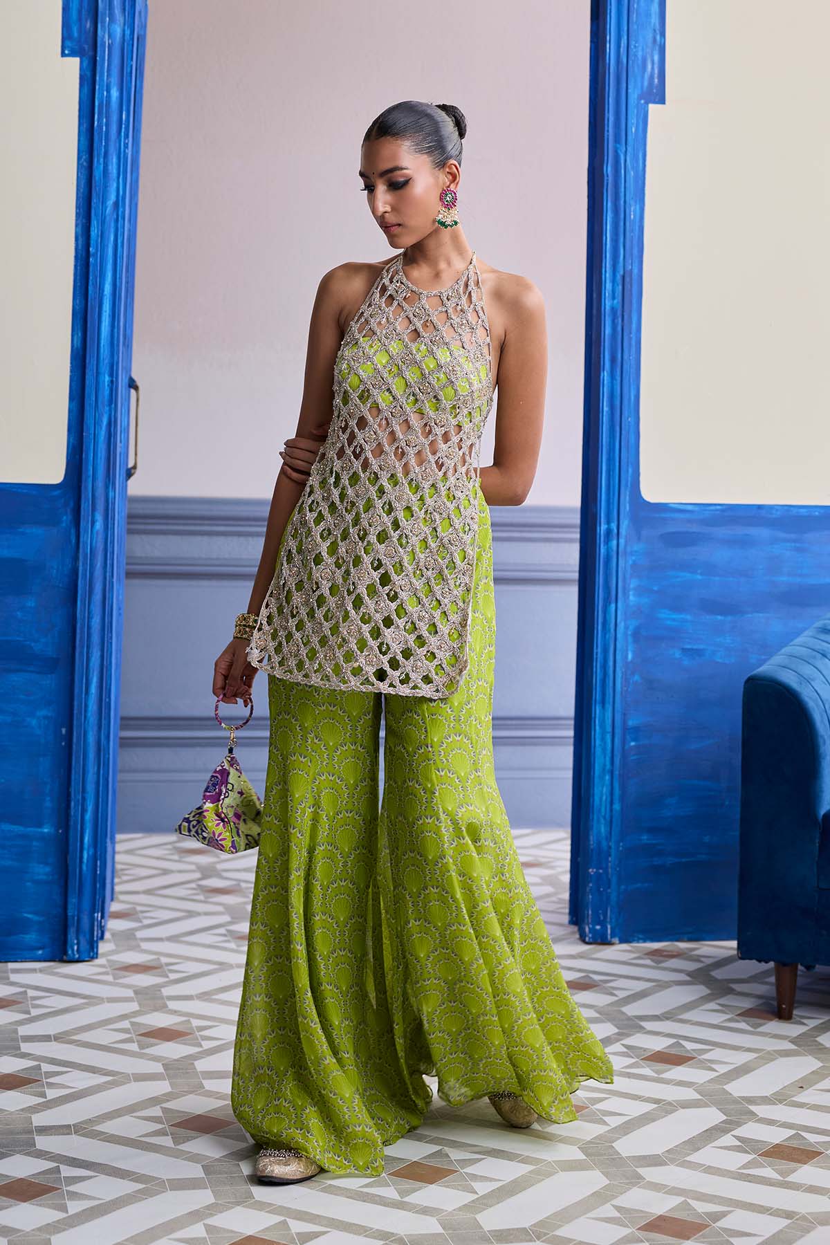 Neon Green Printed Bustier With Bell-bottoms & Embroidered Cutwork Kurti Set