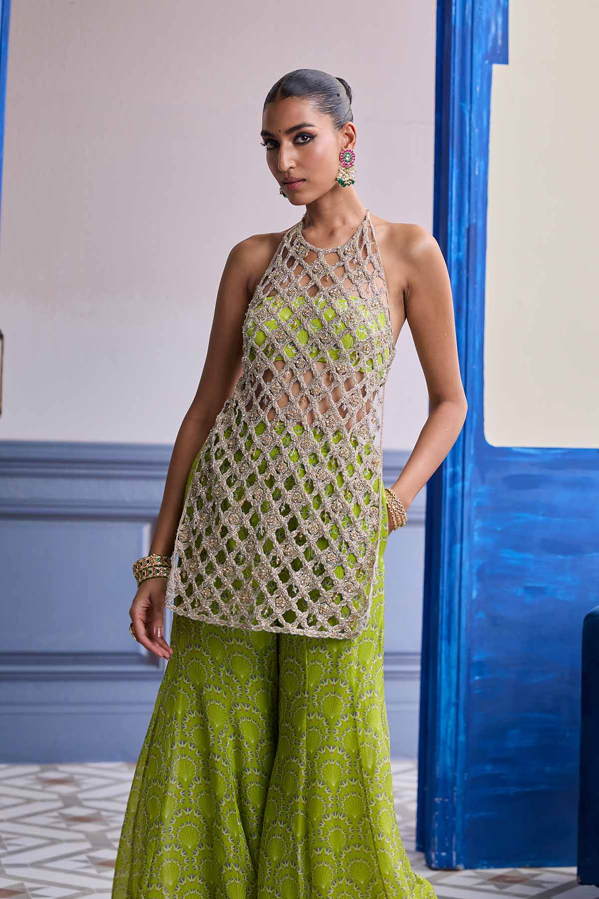 Neon Green Printed Bustier With Bell-bottoms & Embroidered Cutwork Kurti Set