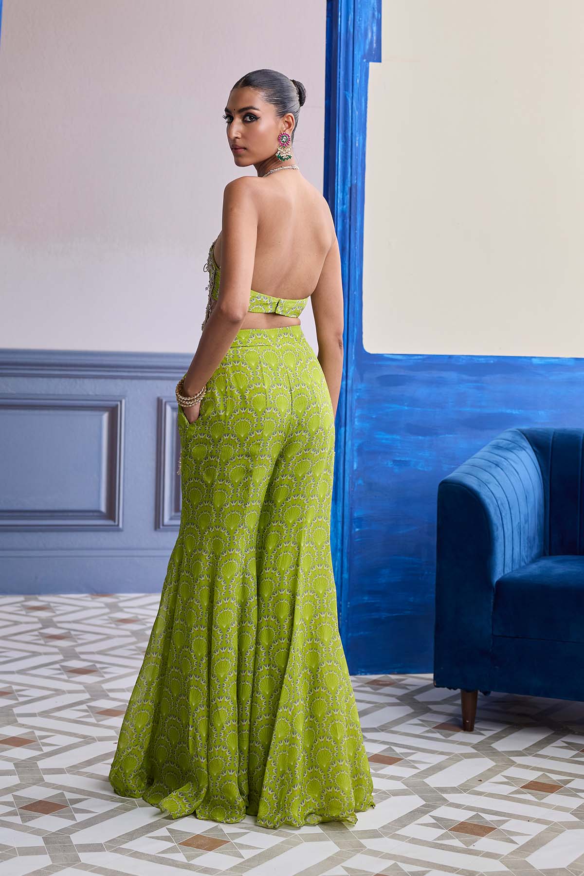 Neon Green Printed Bustier With Bell-bottoms & Embroidered Cutwork Kurti Set