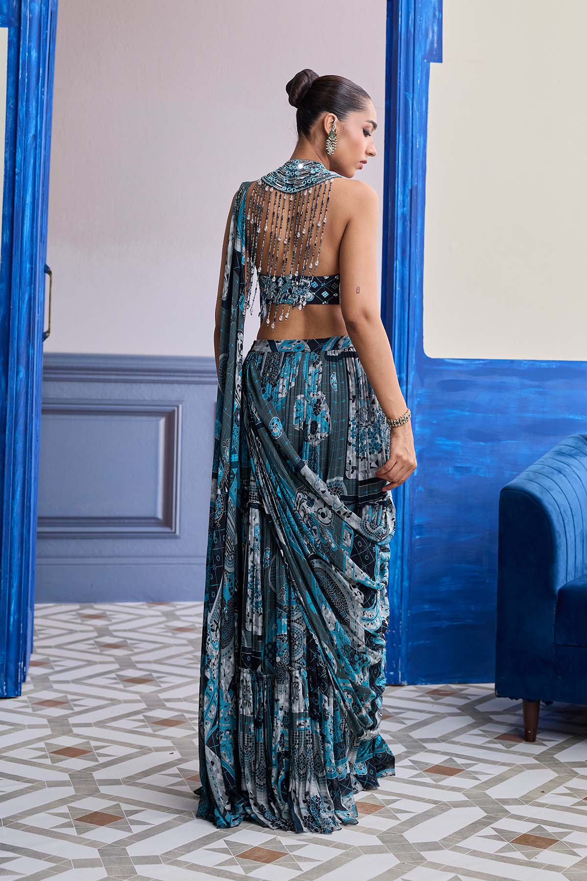 Teal Mosaic Halter Blouse With Tiered Skirt Saree Set