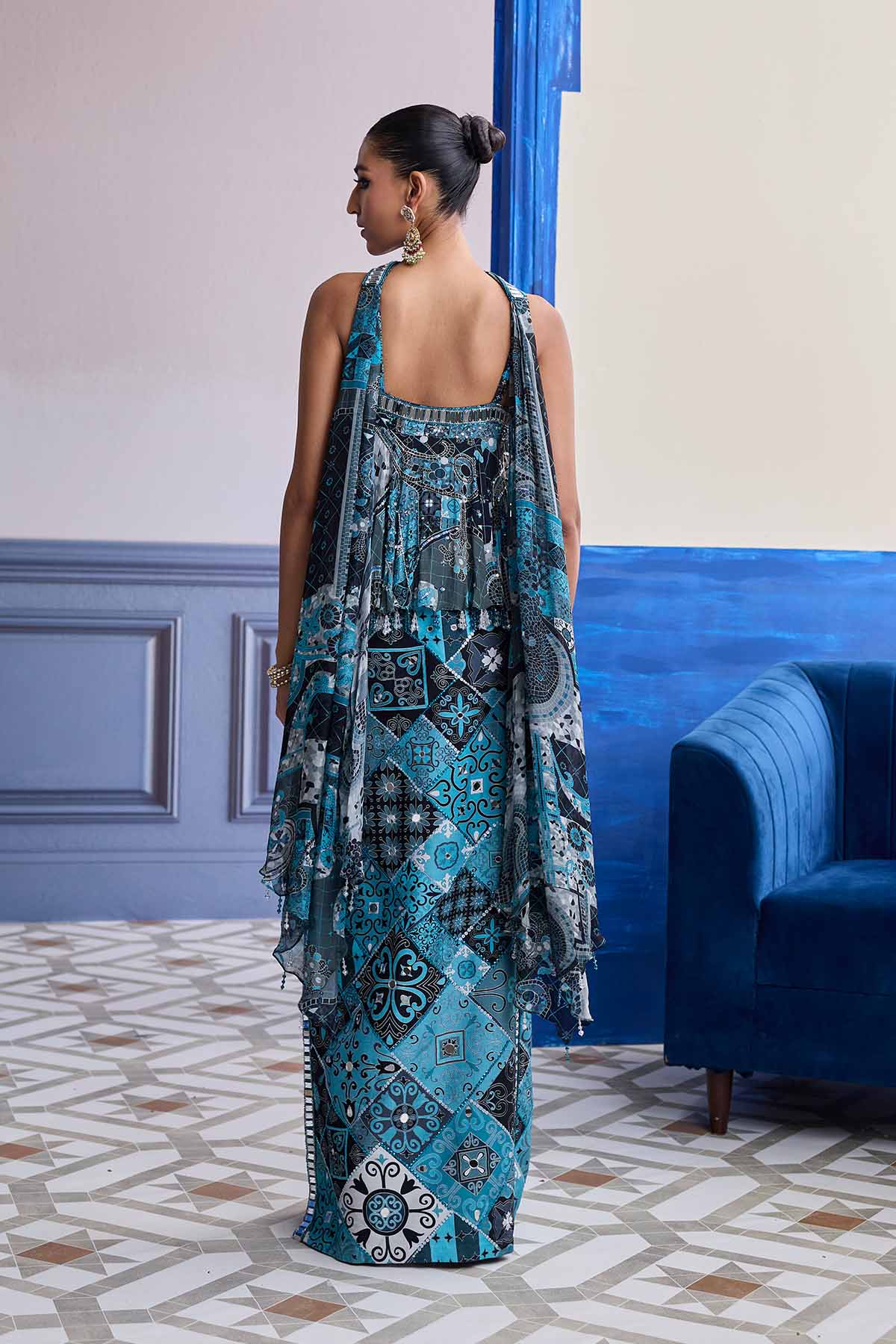 Teal & Black Mosaic Peplum With Slit Skirt & Choker Dupatta Set