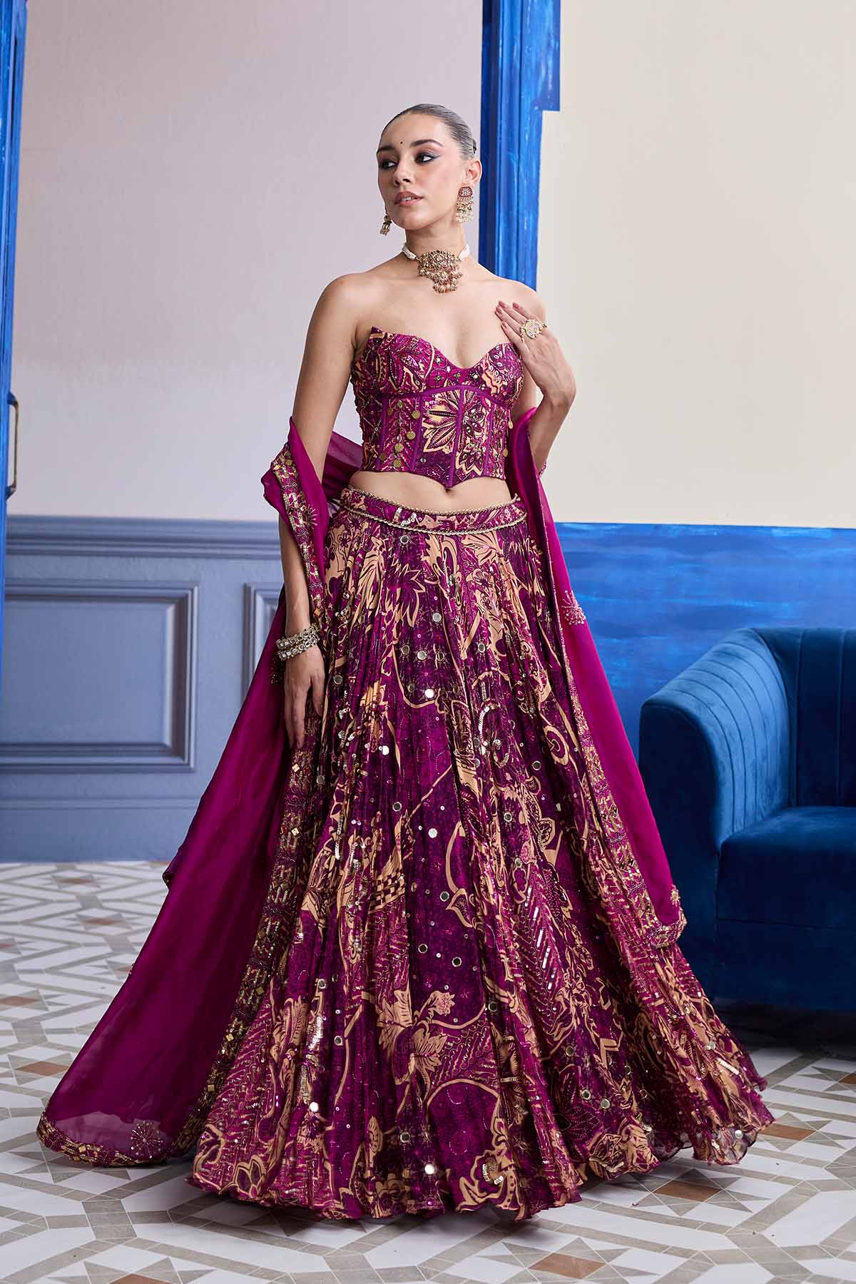 Magenta Highlighted Corset With Lehenga & Embroidered Dupatta Set