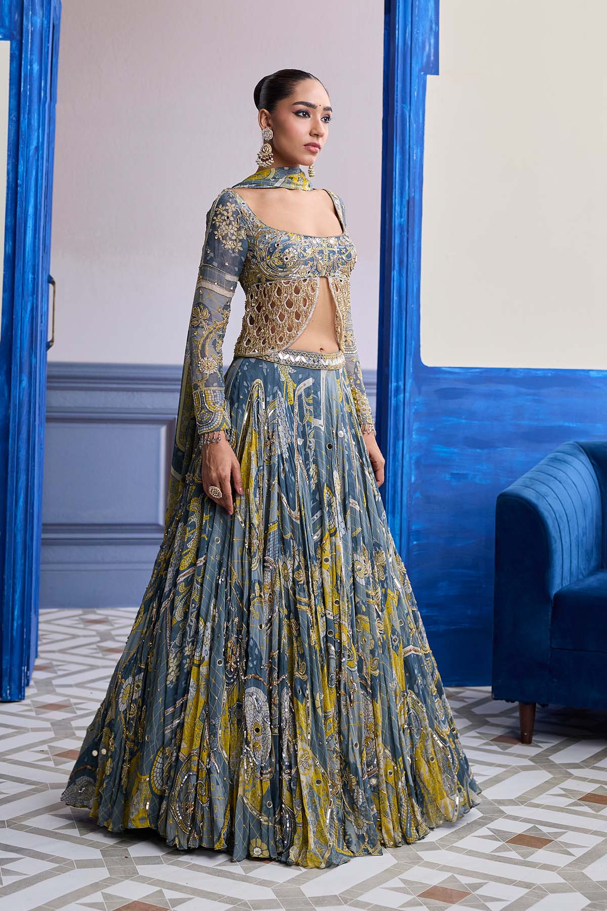Grey Mosaic Scallop Cutwork Blouse With Highlighted Lehenga & Tassel Dupatta Set
