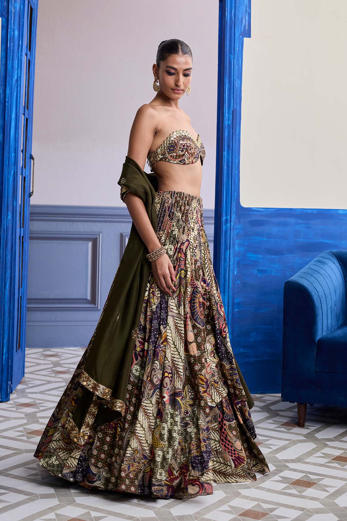 Olive Print Blouse With Highlighted Lehenga & Embroidered Dupatta Set
